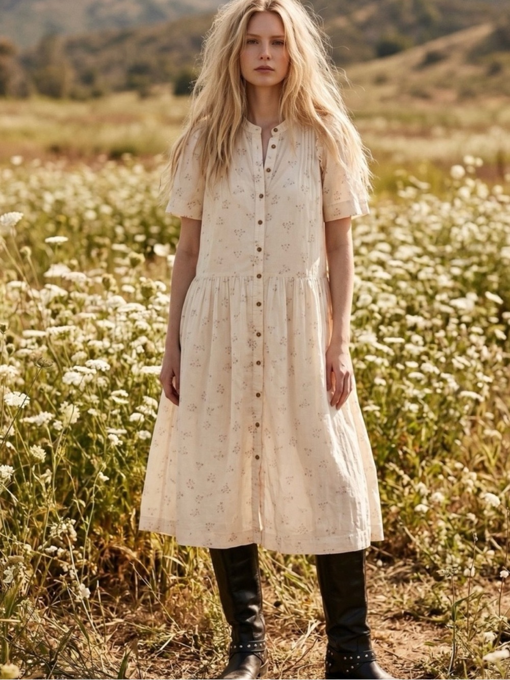 Free People Bella Mae Ivory Floral Button-Front Midi Prairie Dress Sz XS